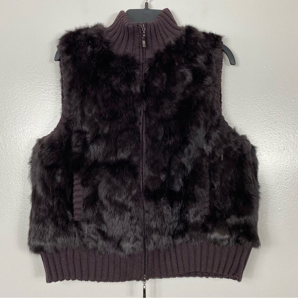 Rabbit Fur vest ribbed wool trim Sz L Vintage